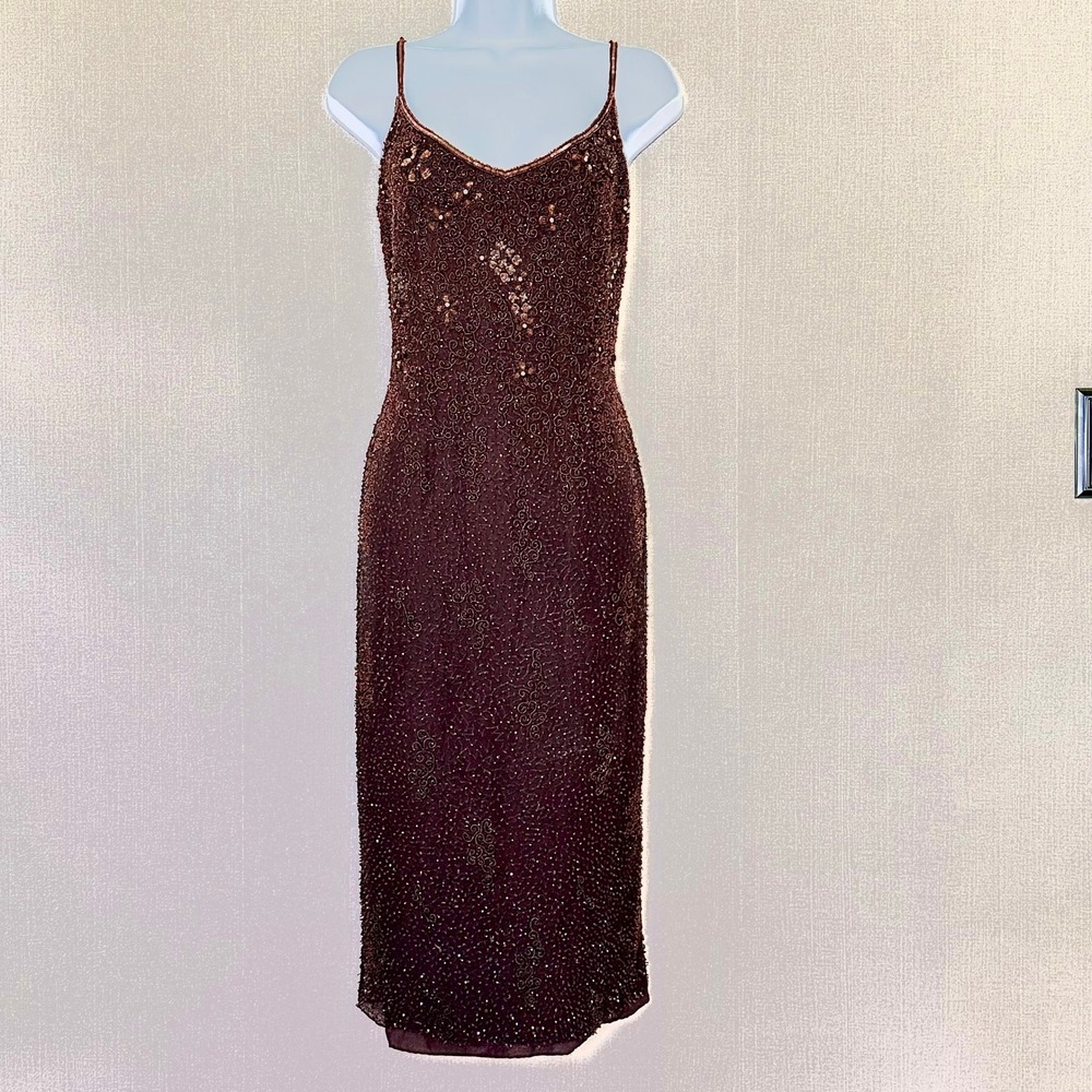 Vintage Escada Brown Silk Beaded Sequin Midi Formal Cocktail Evening Dress US 6